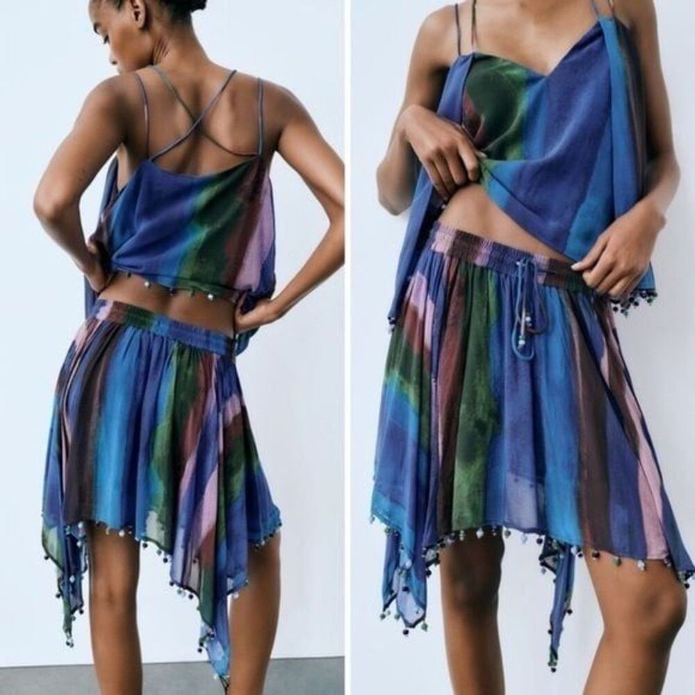 Zara Blue Multi-Color Asymmetric Mini Skirt